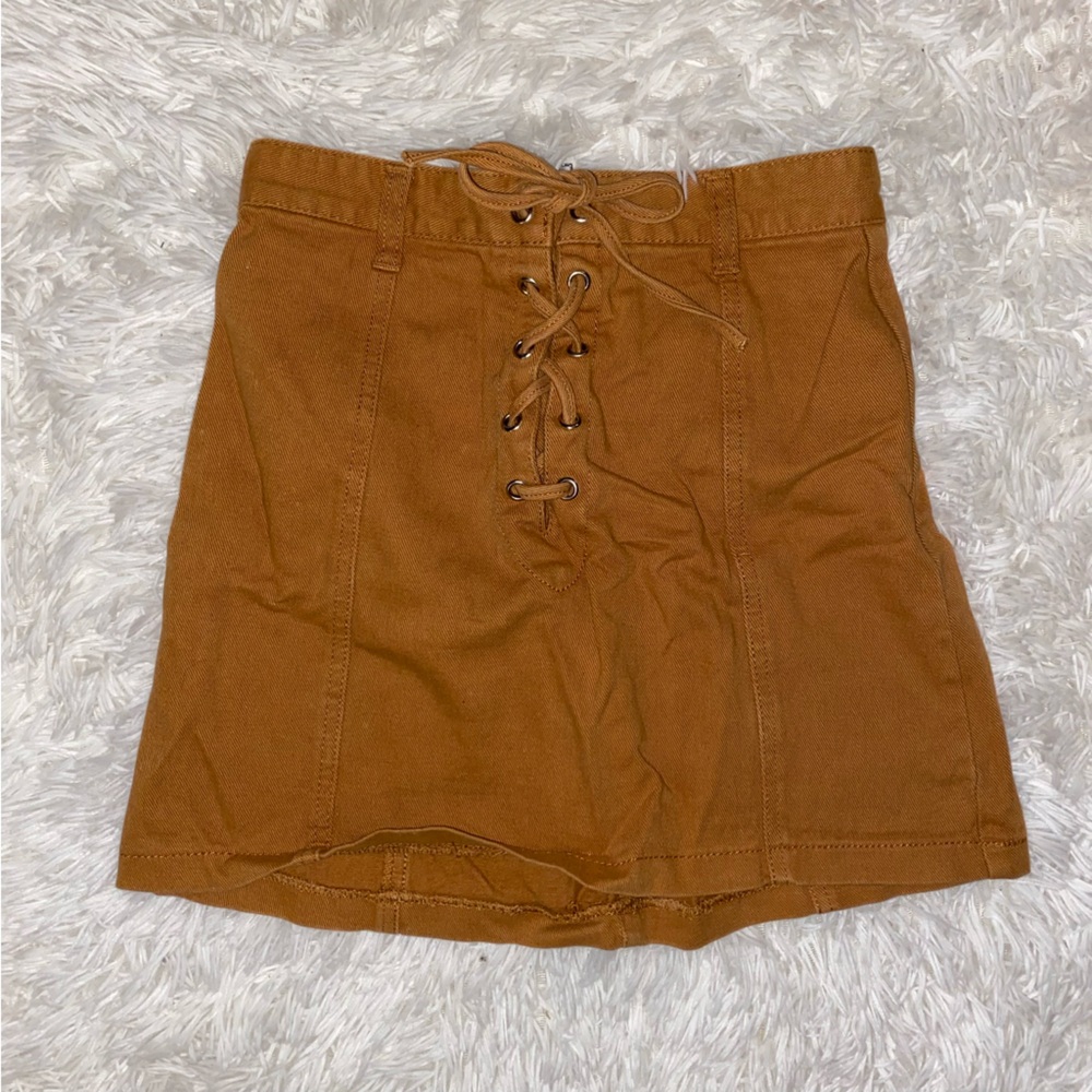 F21 lace up tan brown denim skirt
